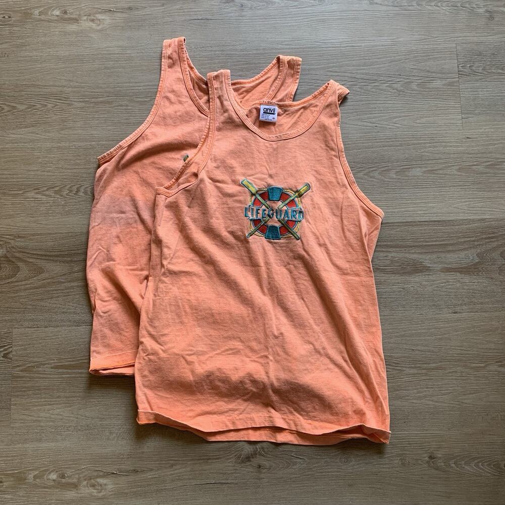 Vintage Tank Tops Men's M Lifeguard Orange 100% Cotton Beach Summer Embroidered